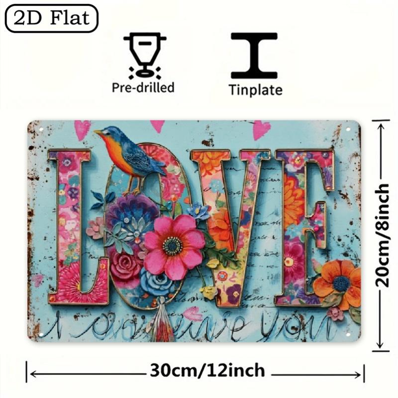 Vintage Love and Peace Metal Sign Colorful Floral Bird Design with Love You Text IndoorOutdoor Home Bar Caf Decor