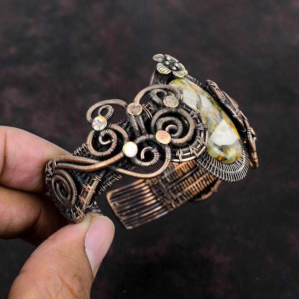 Медный браслет-манжета из яшмы с медной проволокой, браслет с драгоценными камнями, цветочные украшения, регулируемый браслет, подарок на помолвку, браслет ручной работы