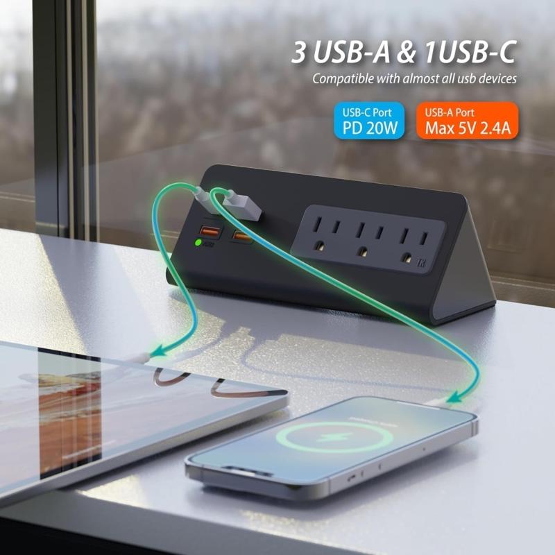 Сетевые фильтры, монтируемые на край стола, с портом быстрой зарядки USB C и 3 розетками AC для офиса, отеля, общежития