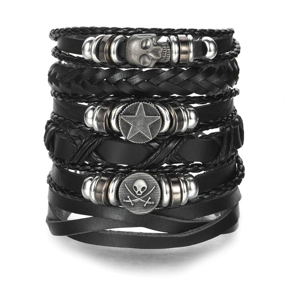 Череп Пират Кожаный Браслет Звездный Узор Плетеные Металлические Ювелирные Изделия В Стиле Рок