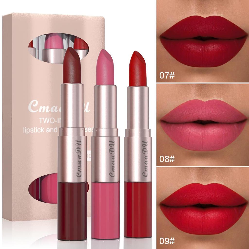 CmaaDu 3-Piece Matte Lipstick & Gloss Set: Velvet Finish, Non-Transferring Formula for Makeup.