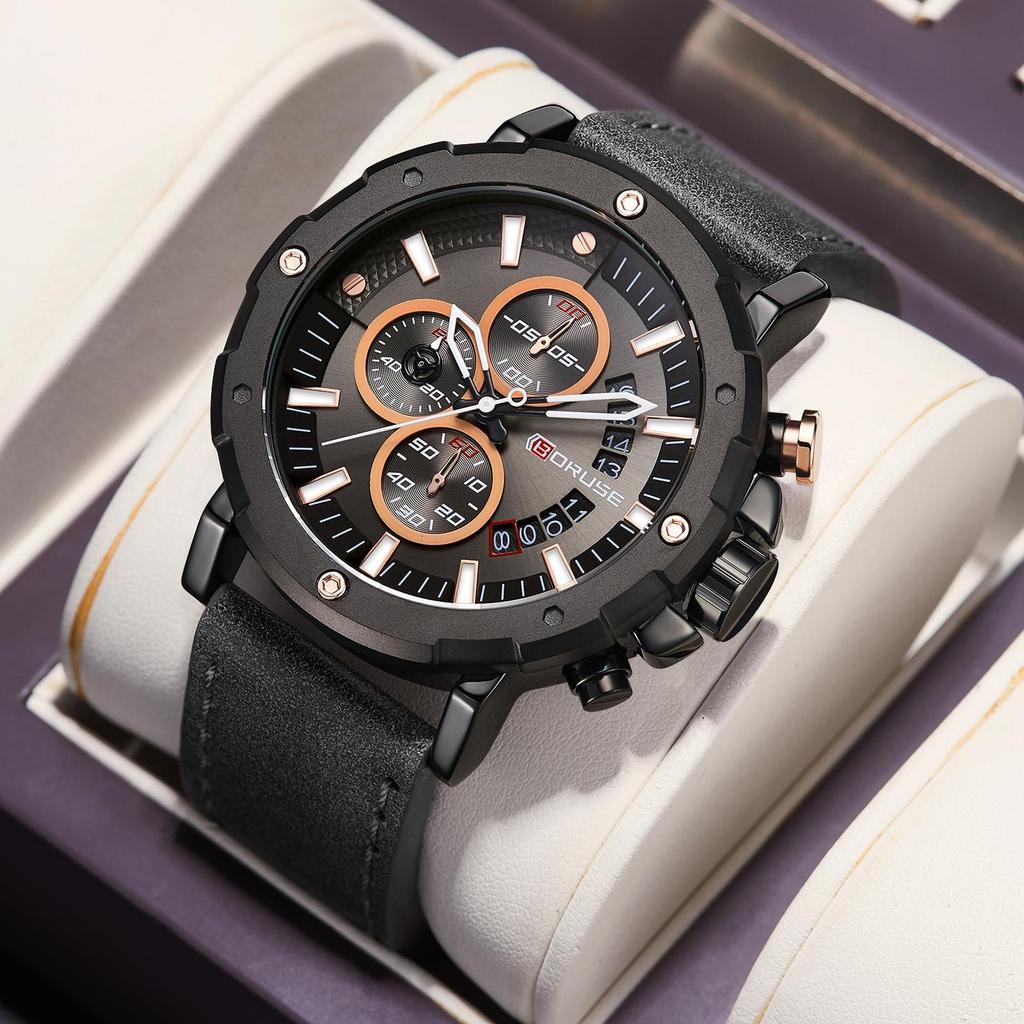 BORUSE Мужские деловые часы Pointer Quartz Мужские часы класса люкс Светящиеся в темноте Круглые мужские часы Кожаный ремешок Аналоговые мужские часы с календарем