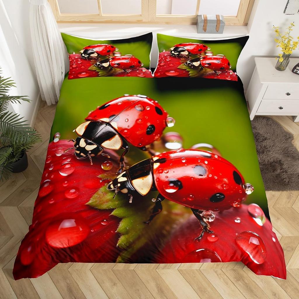 Cute Ladybug Duvet Cover Twin Queen Cartoon Animal Ladybird Insect Bedding Set Kawaii Wildlife Love Heart Print Comforter Cover