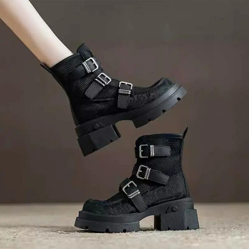 Модные удобные сапоги на толстой подошве высотой 6 см для женщин, лето 2024, новые сетчатые дышащие короткие сапоги, повседневные сапоги с толстым каблуком и сеткой