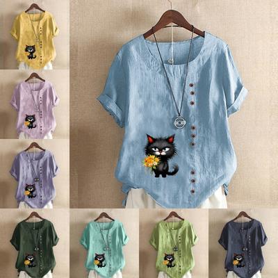 Женская модная футболка с коротким рукавом и принтом в виде цветка и черного кота, свободная хлопковая рубашка, повседневная свободная летняя блузка, топы больших размеров