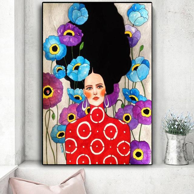 Винтажная абстрактная девушка, волосы, цветок, женская настенная живопись на холсте, модный плакат на скандинавскую тему, настенные панно для гостиной, без рамы