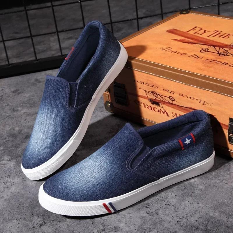 Fashion Denim Men's Canvas Shoes Slip-On Sneakers Male Flats Breathable Loafers for Men  Summer Trainers Light Black Shoes Footwear