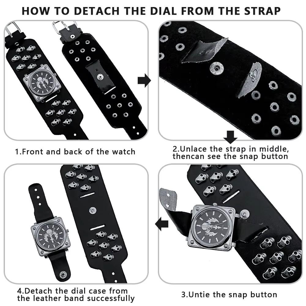 Роскошные часы с квадратным циферблатом, металлическим черепом, в стиле стрит-панк, рок, готика, винтаж, ретро, кварцевые, с ремешком из ПУ кожи, мужской браслет-манжета на Хэллоуин