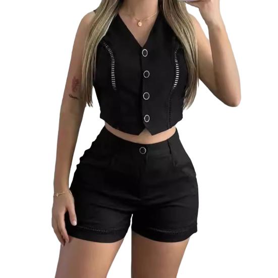 Женский комплект из двух предметов, без рукавов, комплект из жилета с V-образным вырезом на пуговицах и шорт с карманом, летний повседневный наряд