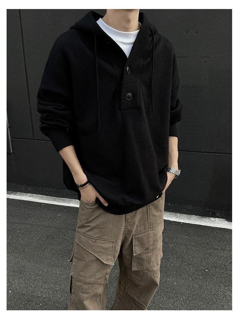 Men's Gray Hooded Knit Sweater - Retro Loose Fit Casual Autumn/Winter Outerwear
