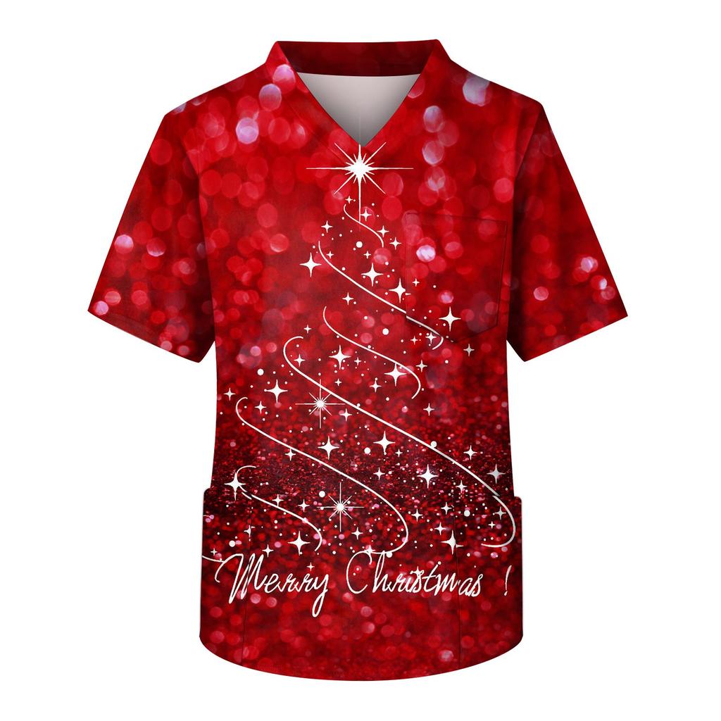 Модный мужской короткий рукав V-образный вырез рождественский принт рабочий нагрудный карман Carer Top