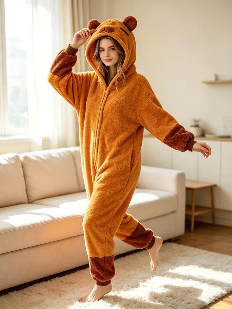 Unisex Onesie Capybara Kigurumi Adults Fleece Anime Pajamas Homewear Christmas Halloween Cosplay Costume Jumpsuit
