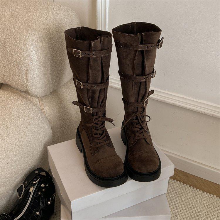 Retro boots women's 2025 autumn new belt buckle knight boots but knee but knee two wear boots boots