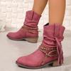 Fashion Pointed Toe Women Snow Ankle Boots Tassels Mid Heels Shoes Leather Chelsea Boots Winter 2024 Trend Chunky Goth Botas De Mujer