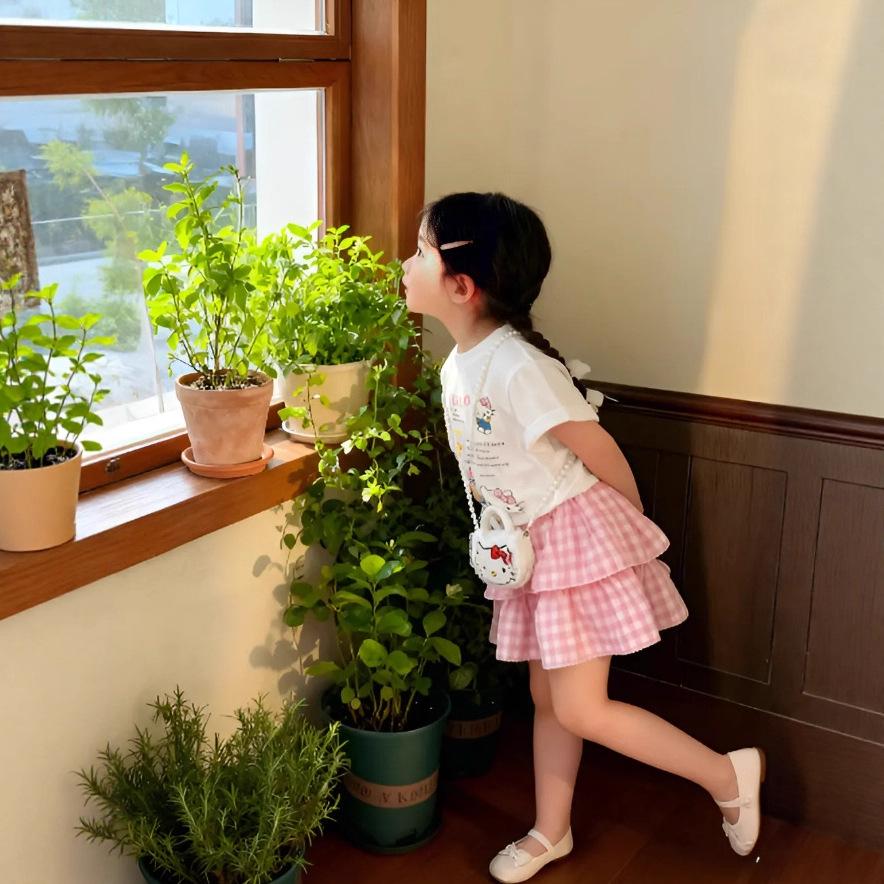 Корейский летний милый набор с принтом кошки, клетчатая короткая юбка и топ с коротким рукавом, 2025