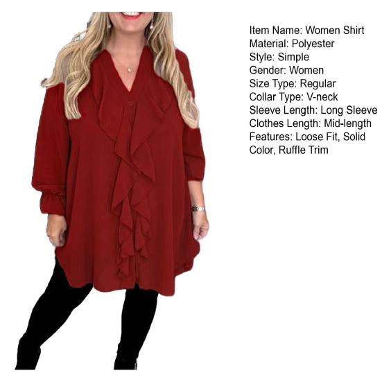 Женская рубашка с V-образным вырезом, длинным рукавом, оборками, повседневная рубашка, однотонные повседневные свободные топы, шифоновая блузка, повседневная одежда