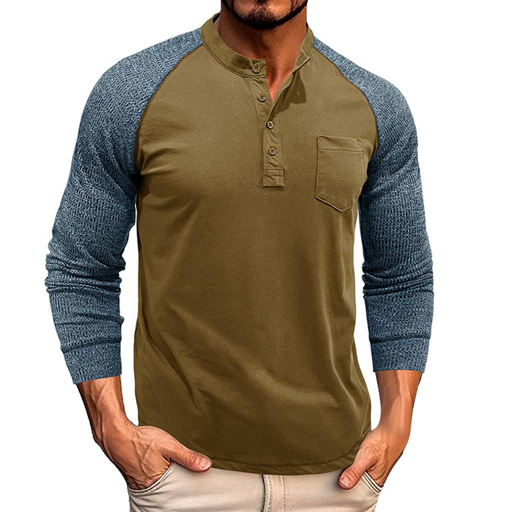 Men's Round Neck Ribbed Long Sleeved Bottoming Shirt Tough Guy Contrast Color Retro Button Men's T-shirt Top