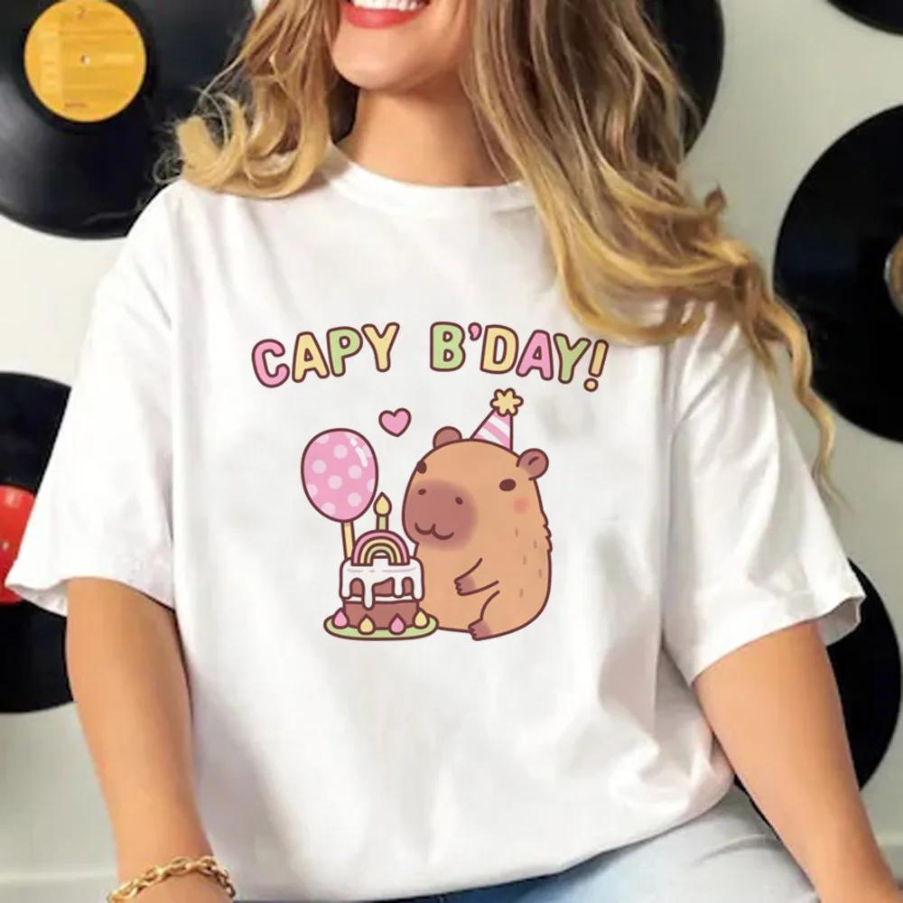Летние футболки женские с коротким рукавом из чистого хлопка, модные, повседневные, с принтом мультяшной капибары и круглым вырезом