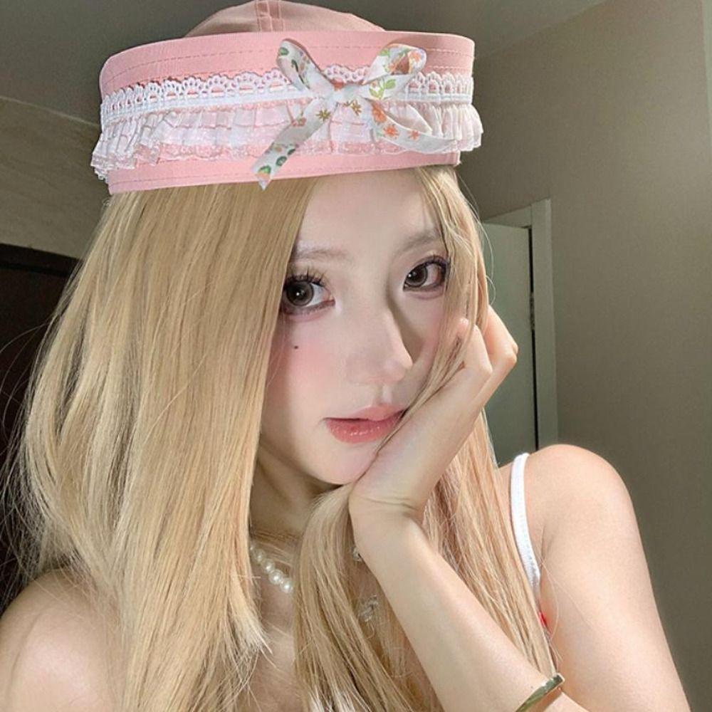 Y2k Navy Hat Bow Lace Berets Cute Sailor Caps  Women