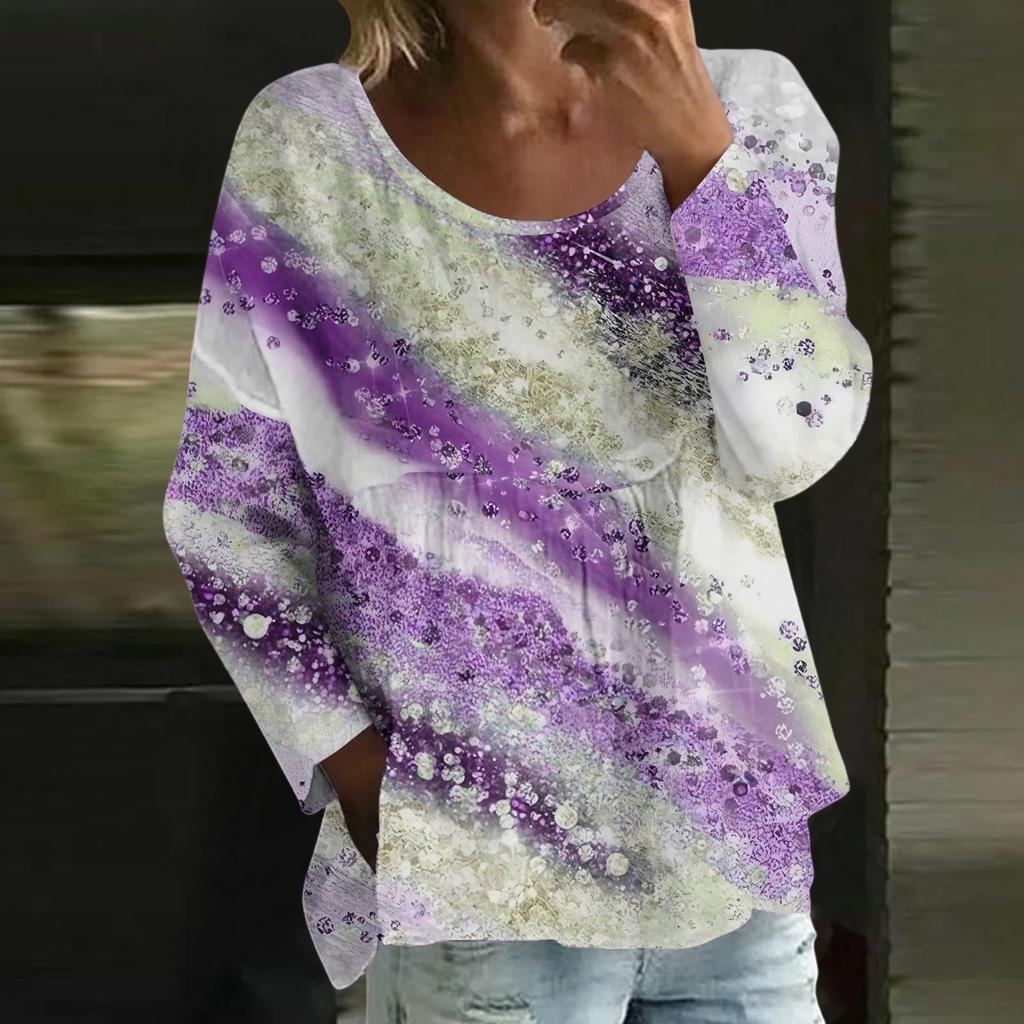 Women's Casual Fashion Loose Round Neck Floral Print Long Sleeve Top