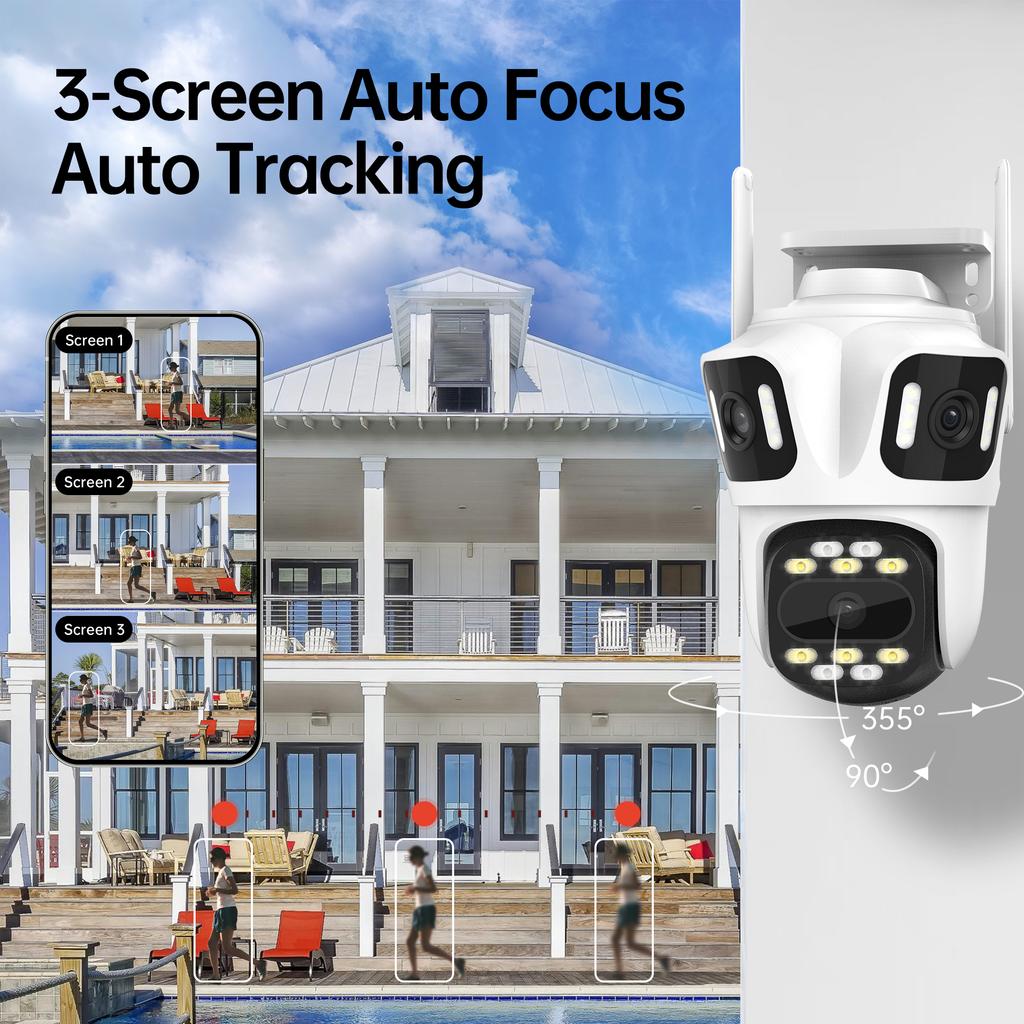 Lens PTZ IP Outdoor 6K HD Three Screen WiFi Security Auto Tracking 4K Dual Len Wirelss CCTV Camera iCsee