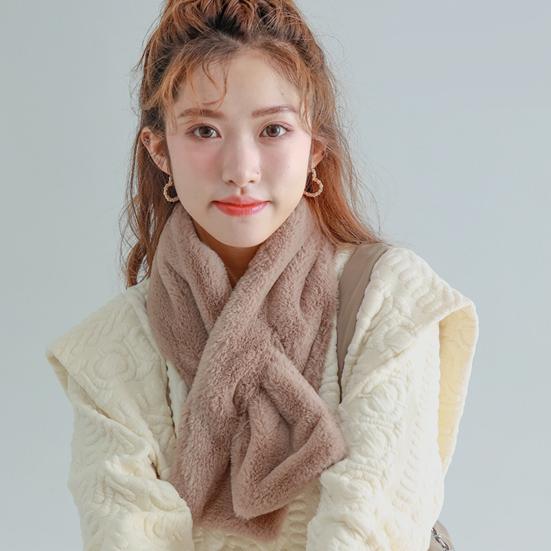 Women Winter Faux Rabbit Fur Cross Collar Solid Color Thickened Warm Scarf Plush Elegant Shawl Scarf Clothes Accessories