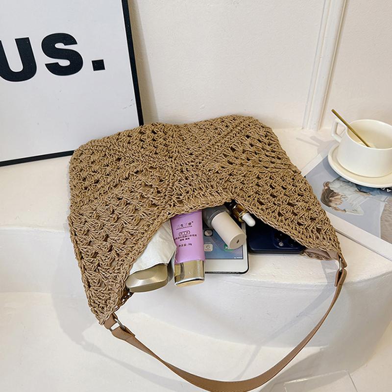 Летняя соломенная вязаная сумка, ажурная сумка-тоут, однотонная пляжная сумка через плечо, праздничная дорожная сумка, сумка через плечо в стиле бохо для женщин