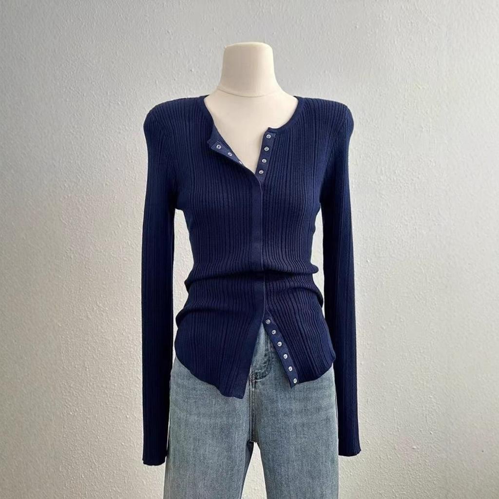 Женская трикотажная футболка с полуоткрытым вырезом и длинным рукавом, осень, новая мода, зарубежный стиль, приталенная, универсальная