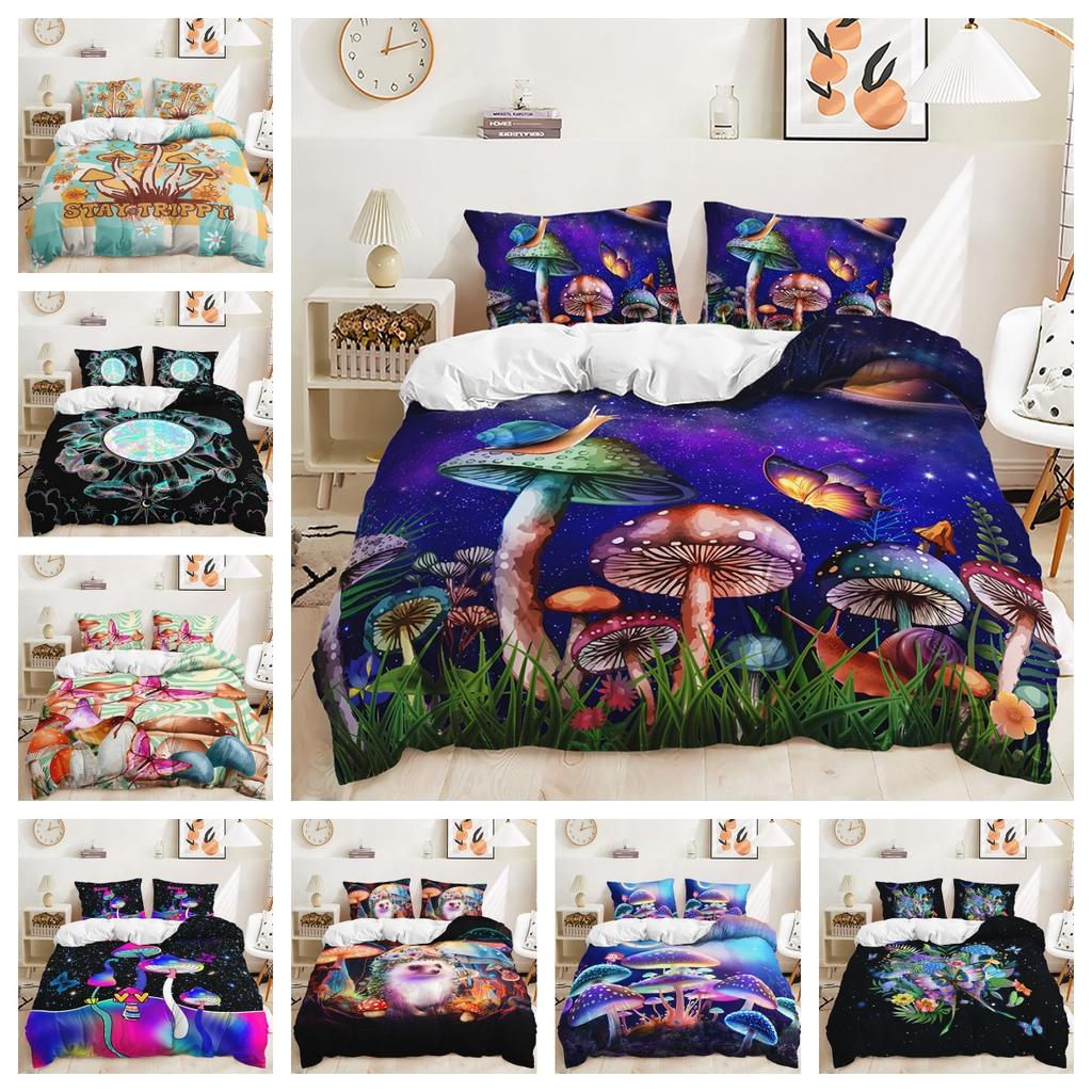 3D Magic Mushroom Series Bedding Set Forest Plant Duvet Cover Pillow Case 2/3 Pieces AU180 * 210 Full Size Quick Drying Zipper Soft Home Textile