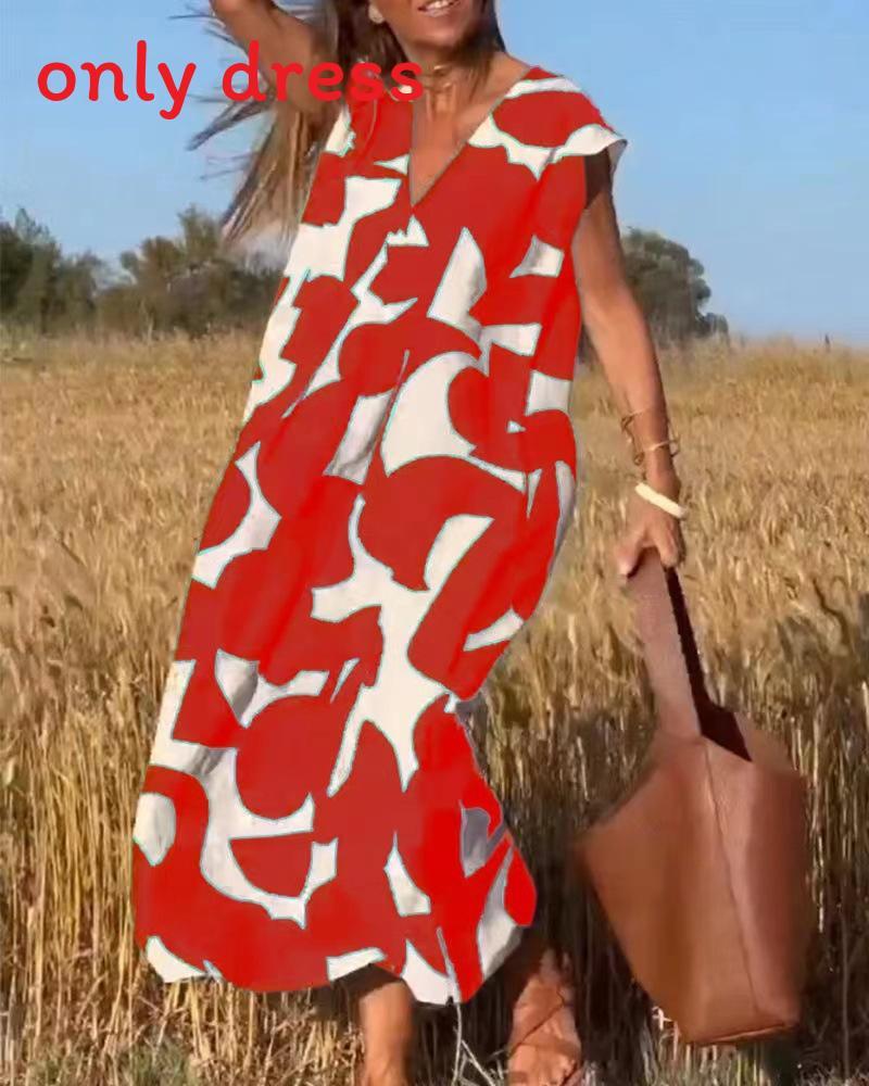 Summer Ladies A Line Dress With Geometric Print And V Neck For Casual Wear