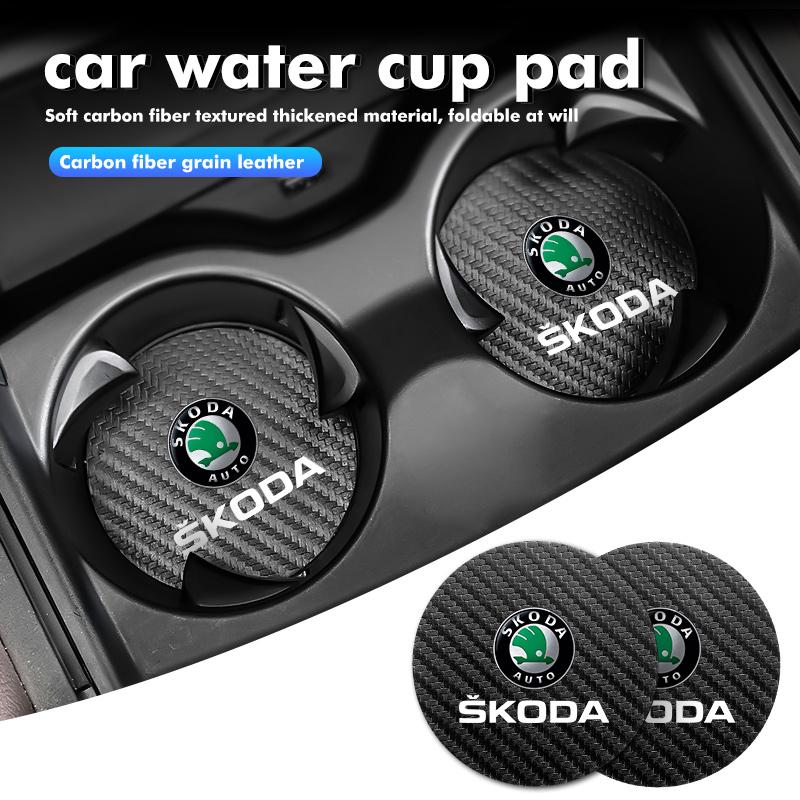 LEDD9 2Pcs Car Carbon Fiber Coaster Anti-Slip Water Cup Drink Mat For Skoda Kamiq Karoq Octavia 2 3 Rapid Scala Kami Fabia VII VRS