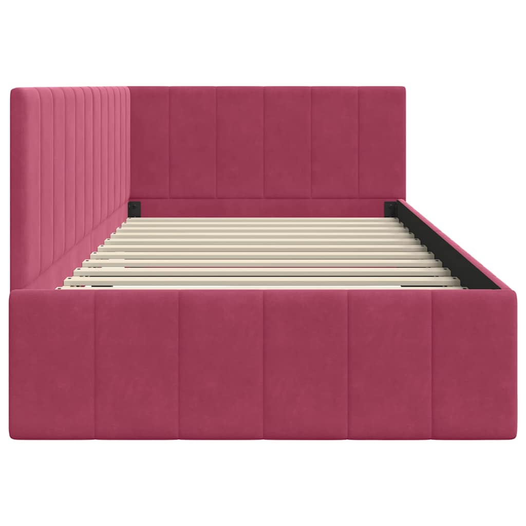 L shaped bed frame with headboard burgundy 90 cm x 190 cm velvet