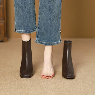 Весенне-осенние флисовые одинарные ботинки Женские ботинки на толстом каблуке Женские ботинки Высокий каблук Квадратный носок Короткие ботинки Ботинки Мартин Застежка-молния сзади Короткие ботинки