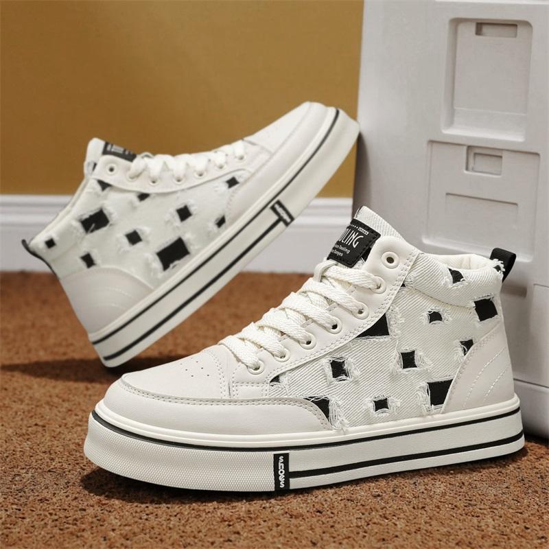 Men's New Canvas Checkerboard Breathable Flat Mid-top Lace-up Durable High-quality Versatile and Fashionable Sneakers