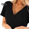 Женские топы с коротким рукавом, V-образным вырезом, плиссированной кромкой, однотонная драпированная футболка с боковыми пуговицами, повседневная одежда