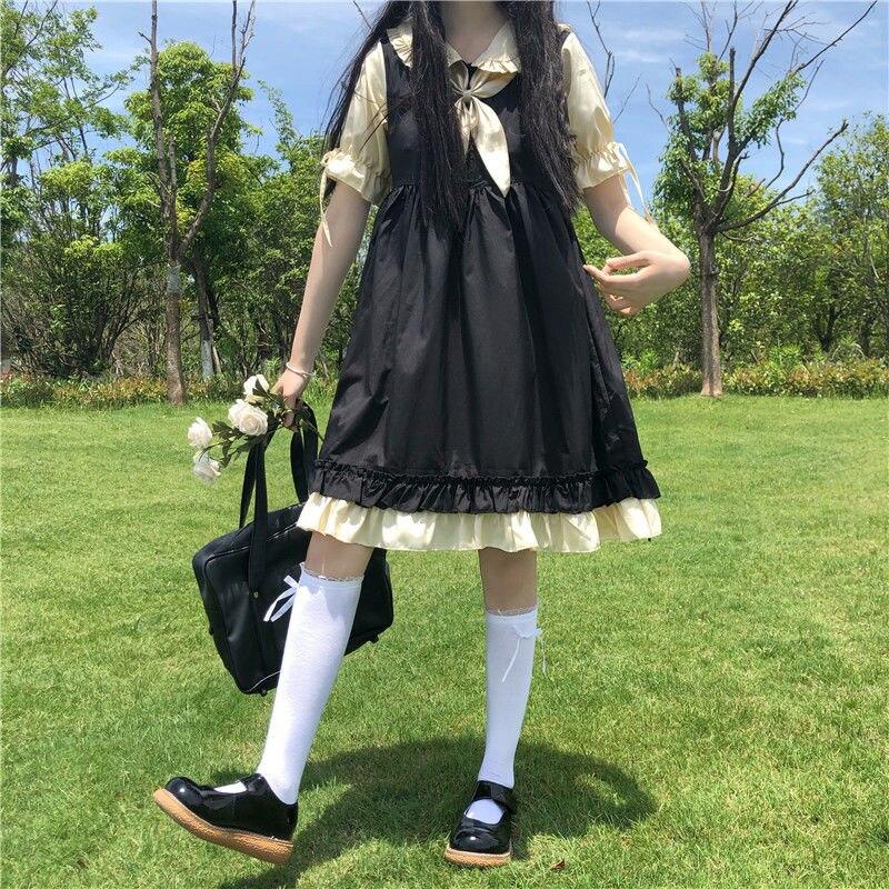 Женское платье Preppy Kawaii Свободное лоскутное платье с бантом в стиле Лолиты Сладкое популярное платье