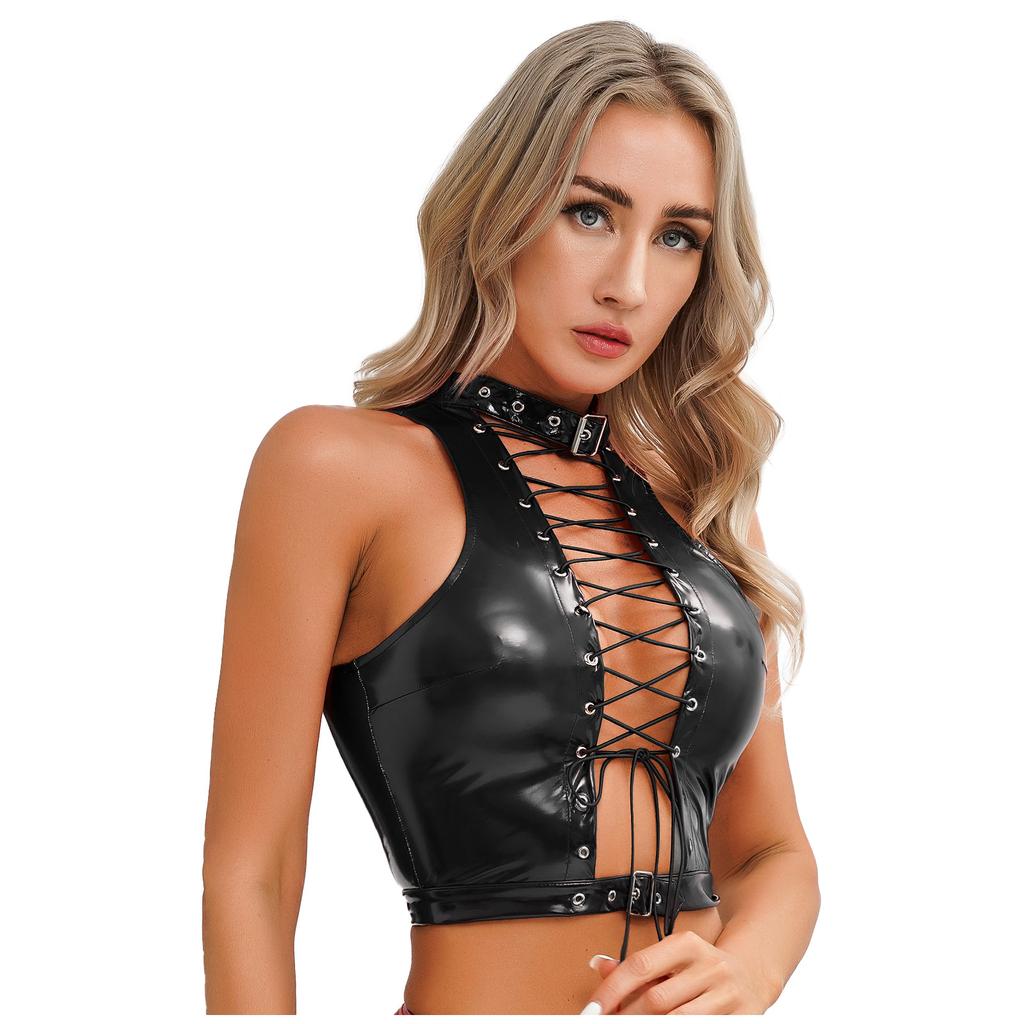 Women Shiny PU Leather Hollow Out Crop Top Sleeveless Lace Up Tank Top Clubwear
