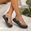 Женские сандалии на толстой подошве, летние, новый стиль, с принтом, узкие ремешки, дизайнерские сандалии на плоской подошве, для отдыха на природе, с застежкой-клипсой и круглым носком, Zapatos De Mujer