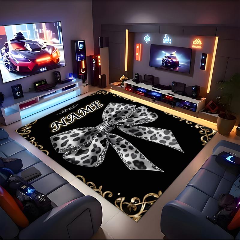 1PC Custom Name Leopard Print Bow Theme Floor Mat Ideal for Living Room, Game Rooms, Office, Bedroom,Floor Mat Playful Design