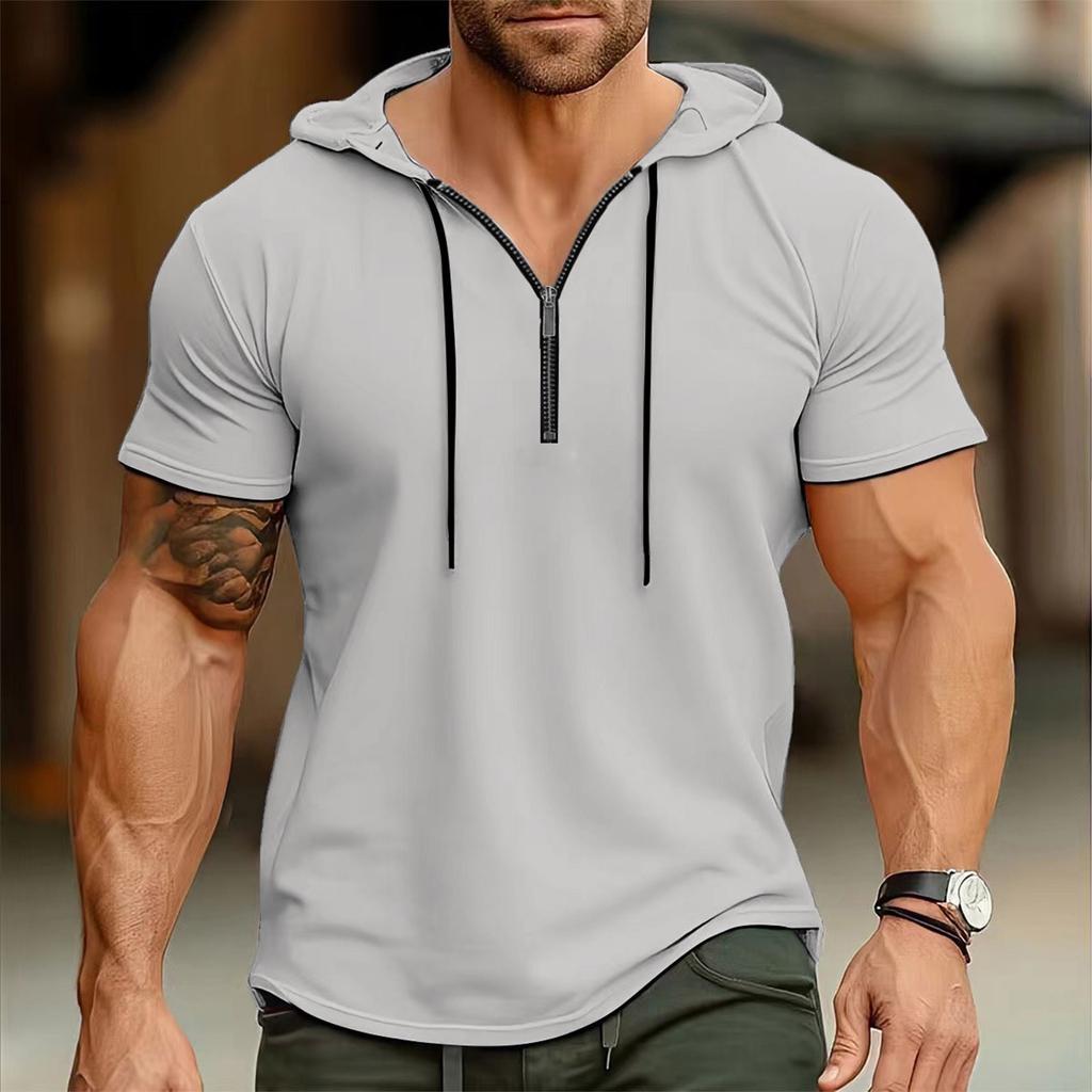 Summer Men's Hooded, Zipped Short-sleeved T-shirt