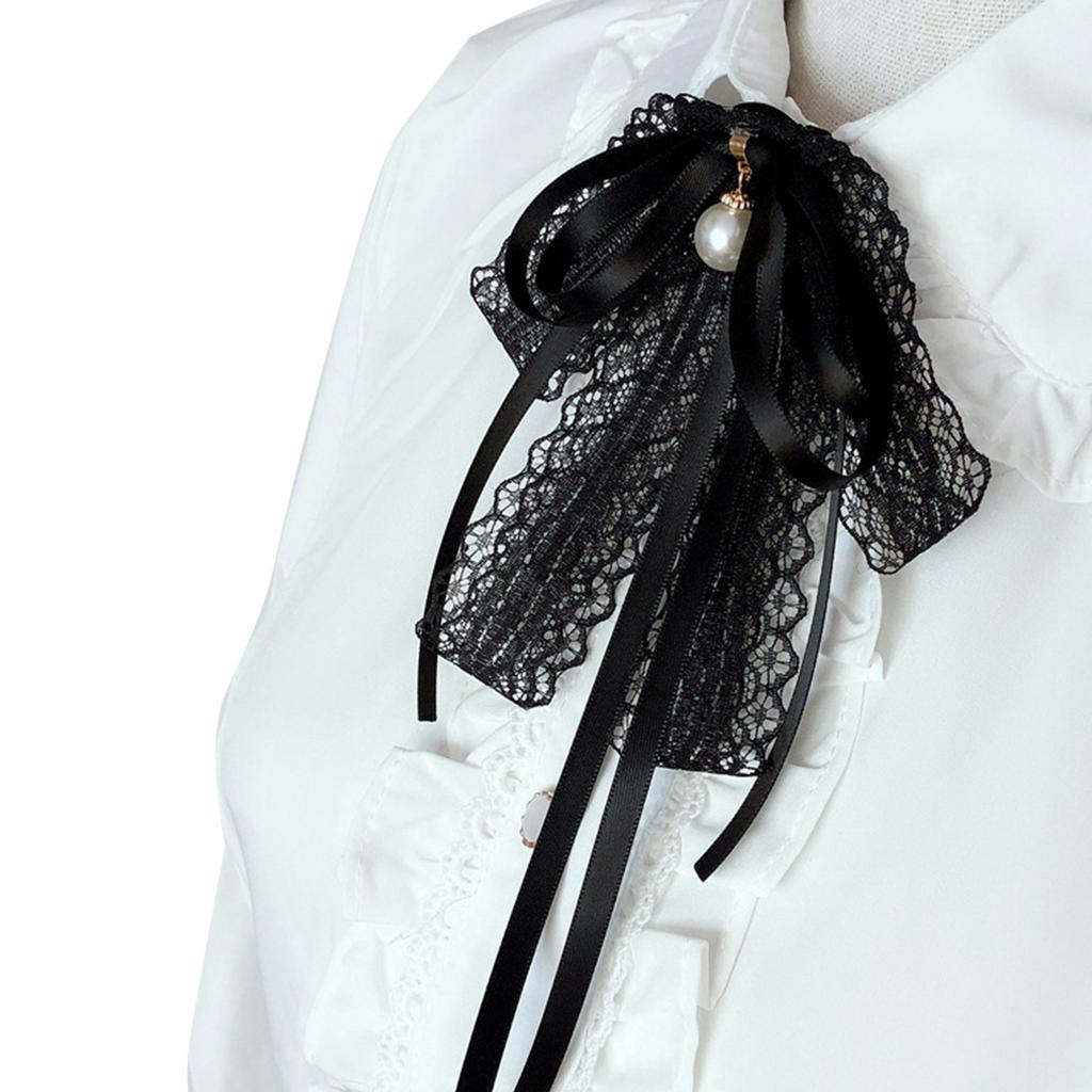 Womens Lace Ribbon Bowtie Brooch Pin Student JK Uniform Shirt Jabot Collar Pearl Pendant Pre-Tied Bowknot Necktie Clip