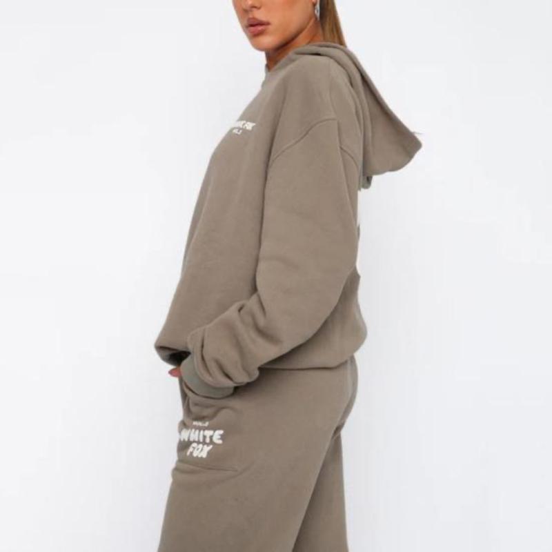 2 Pcs/Set Women Hoodie Pants Set Long Sleeve Thick Letter Print Hooded Drawstring Elastic Waist Ankle-banded Solid Color Top Trousers Lady