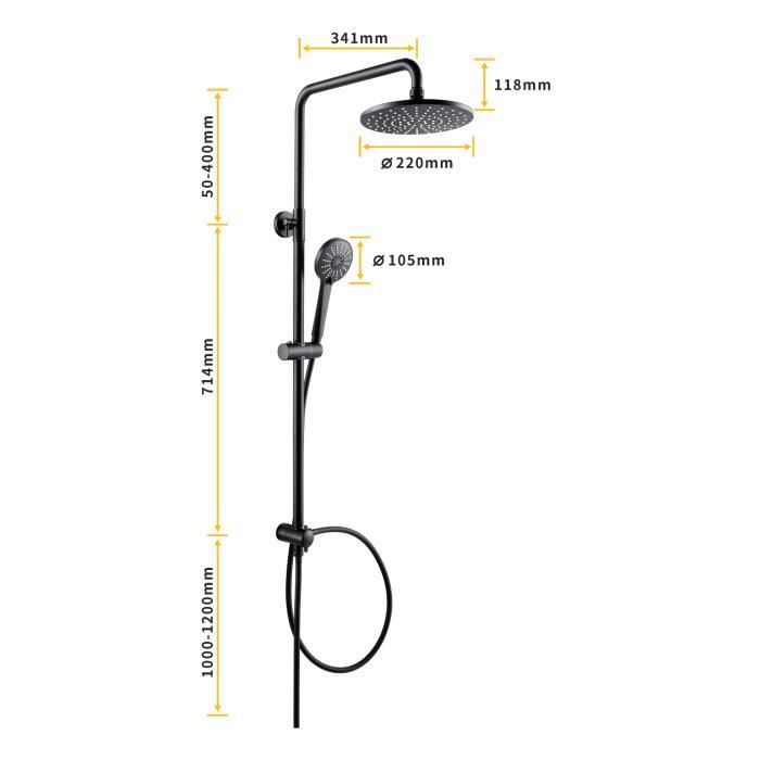 Colonne de Douche - CECIPA - Noir - Pommeau Rond 22 cm - Douchette 3 Modes - Hauteur Réglable