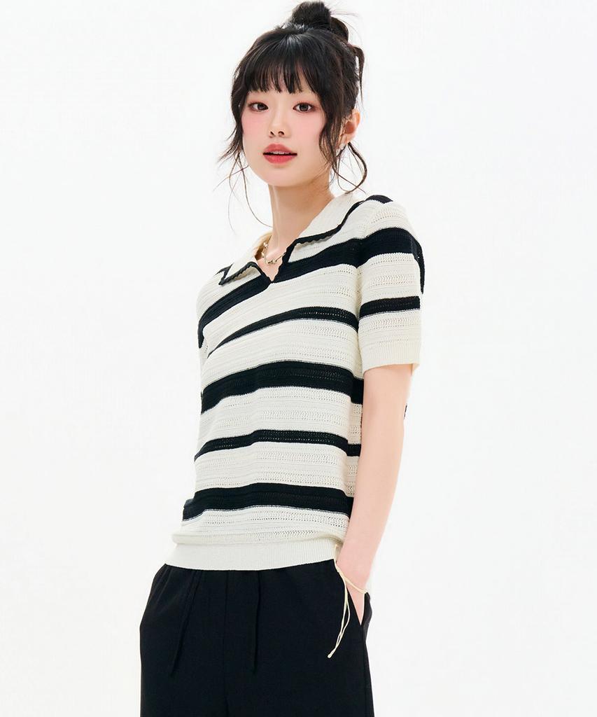 CHASECULT Women'S Striped Open Collar Short Sleeve Summer Knit-Fbrg5672D0A