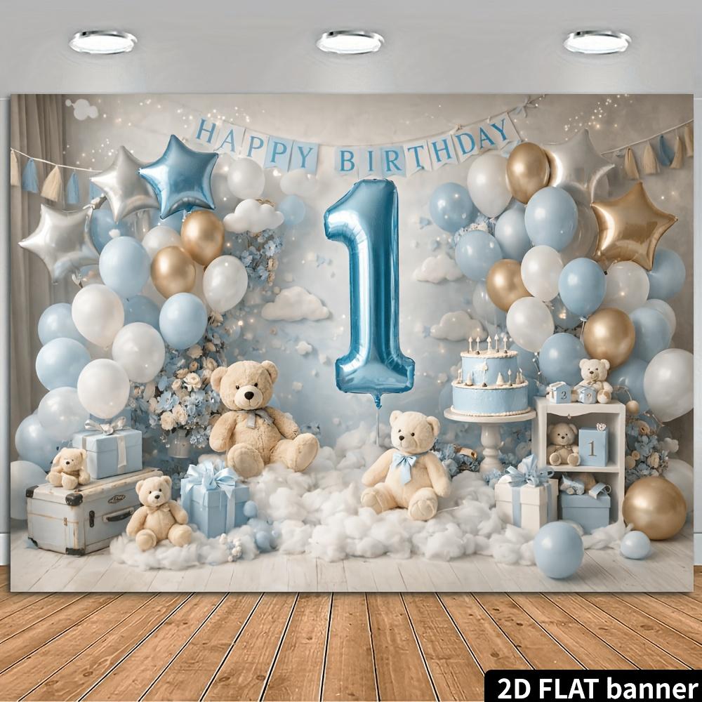 2D plane 1-year-old HAPPY BIRTHDAY banner background fabric with cloud design, paired with blue, white and gold balloons