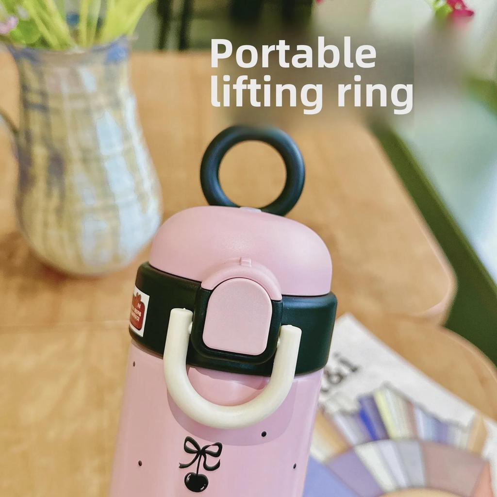 Очаровательная мультяшная термокружка: Портативный, удобный для использования в школе, из нержавеющей стали с откидной крышкой и двойной трубочкой для питья