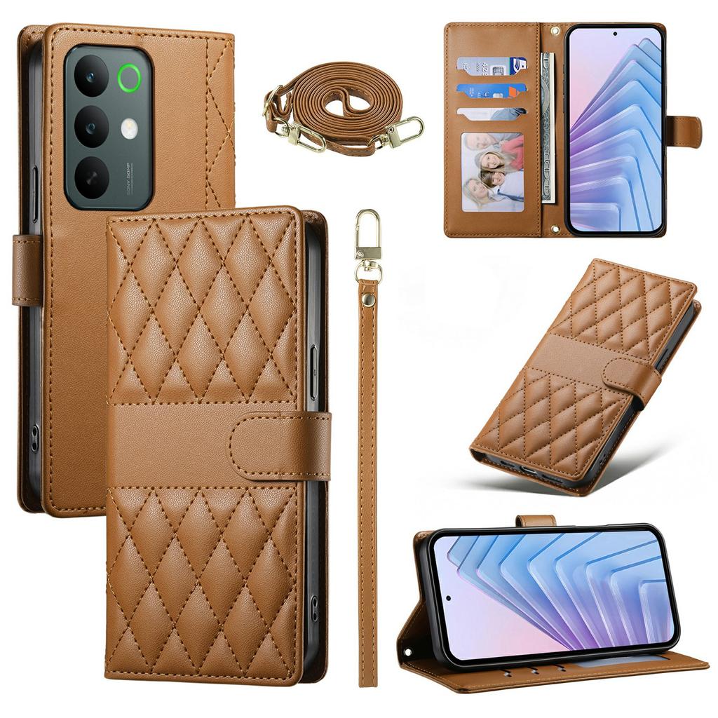 For Realme C85 5G Wallet Case Rhombus Stitching Stand Leather Phone Cover with Long / Short Strap