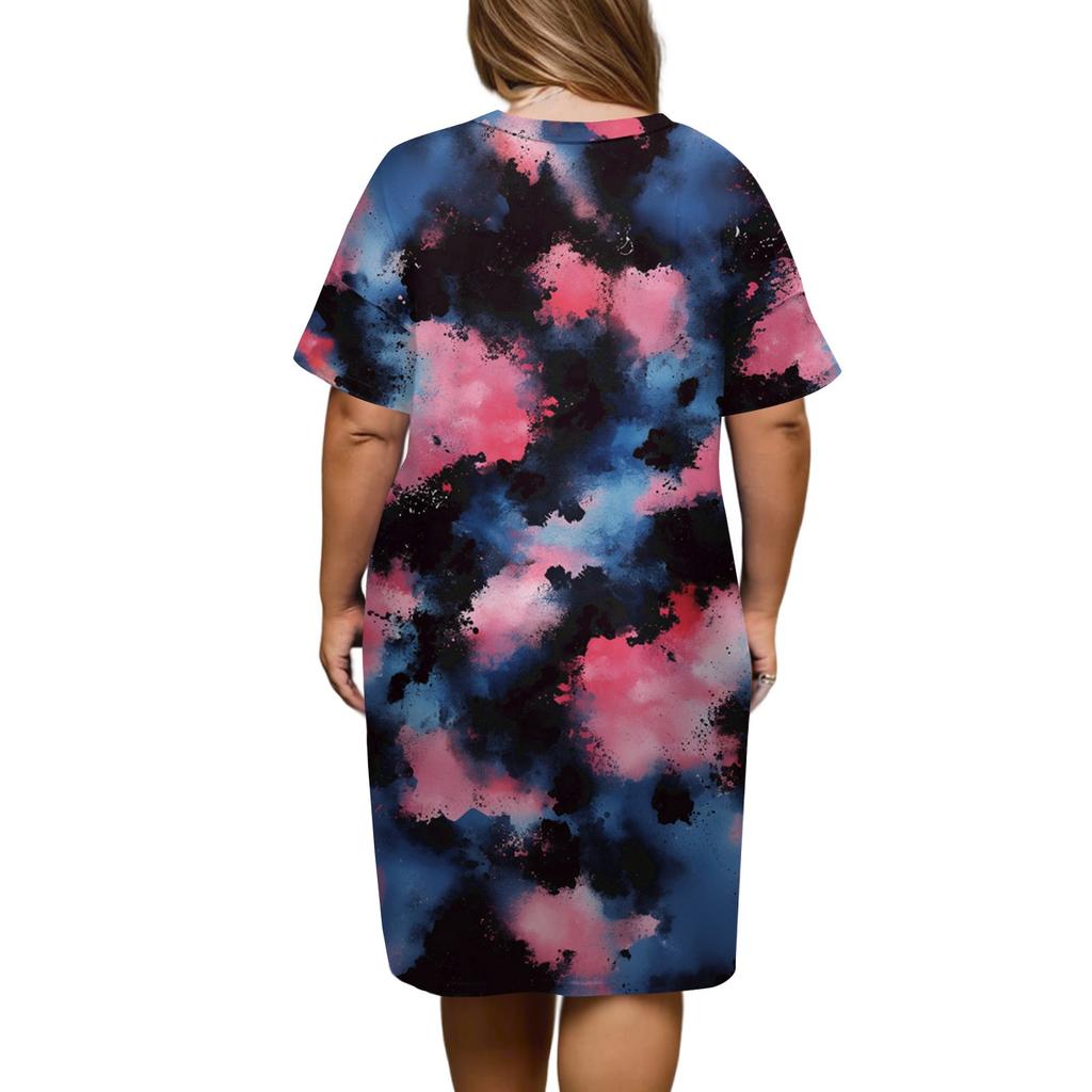Summer Plus Size V Neck Short Sleeve Knee Pocket Print Casual Dress For Women
