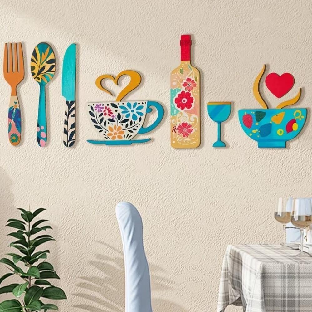 8PCS/SET Rustic Floral Kitchen Utensil Pendant Wood Coffee Cup Wall Sticker Wall Art Decals Bar