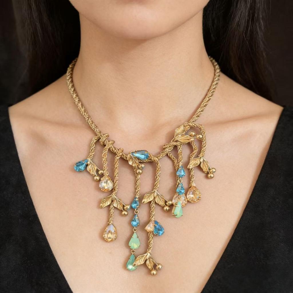 Medieval Vintage Ancient Copper Plated Real Gold Color Inlaid Necklace Earrings Set Heavy Industry Craft Jewelry Light Luxury